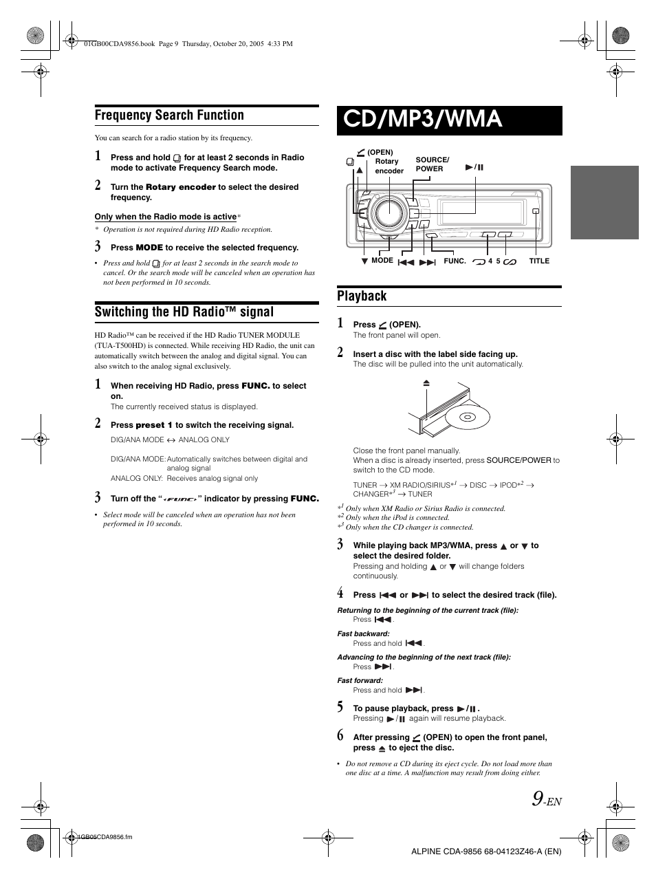 Cd/mp3/wma, Frequency search function, Switching the hd radio™ signal | Playback | Alpine CDA-9856 User Manual | Page 11 / 103