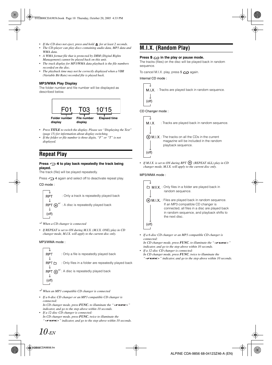 Repeat play, M.i.x. (random play) | Alpine CDA-9856 User Manual | Page 12 / 103