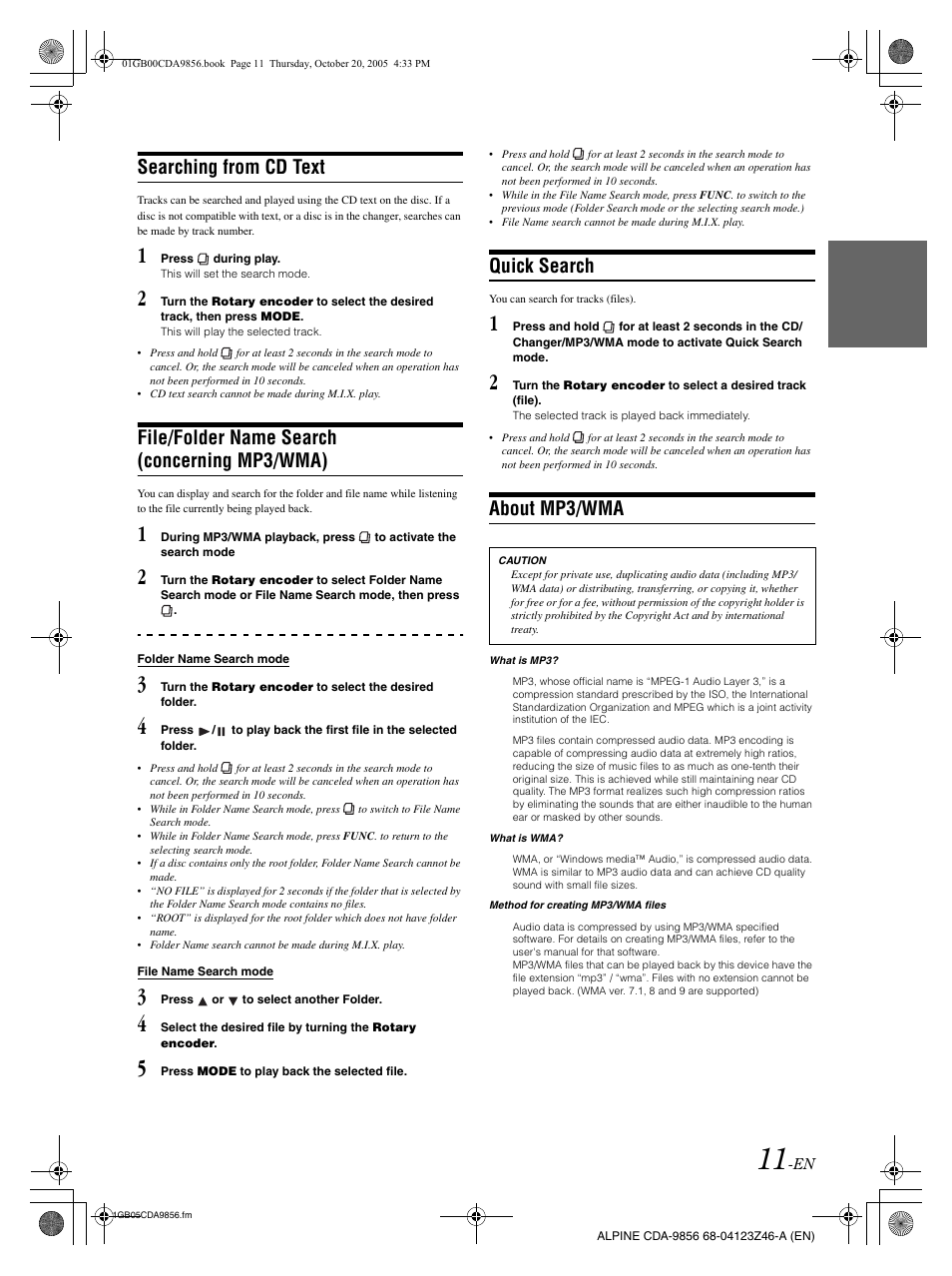 Searching from cd text, File/folder name search (concerning mp3/wma), Quick search | About mp3/wma | Alpine CDA-9856 User Manual | Page 13 / 103