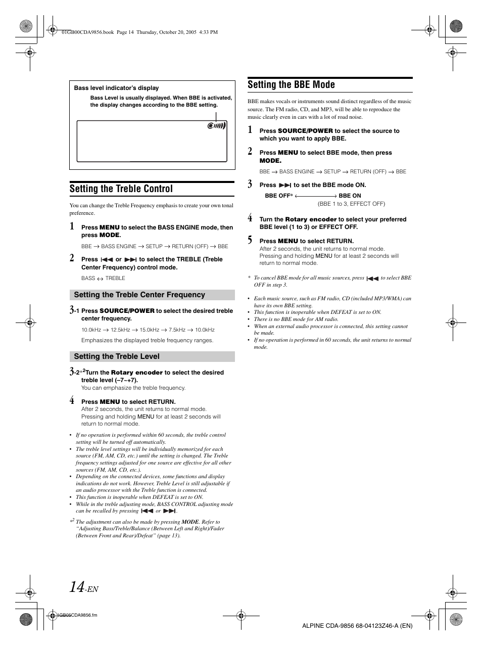 Setting the treble control, Setting the bbe mode | Alpine CDA-9856 User Manual | Page 16 / 103