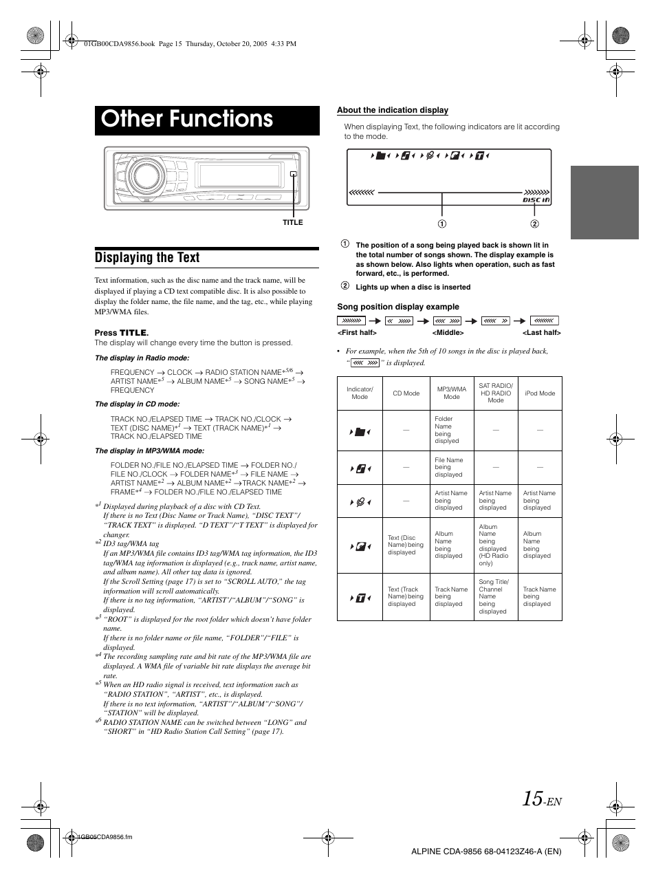Other functions, Displaying the text | Alpine CDA-9856 User Manual | Page 17 / 103