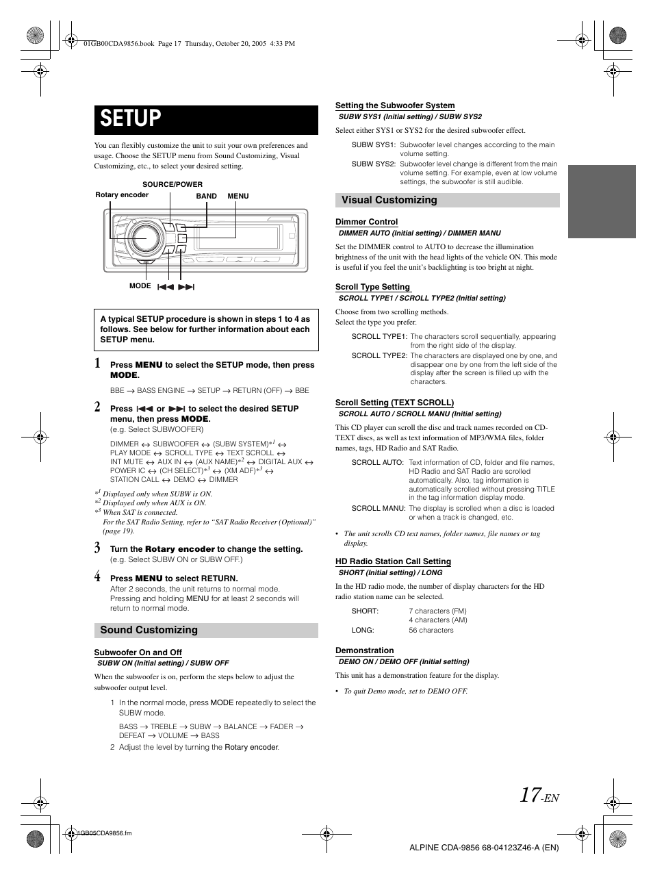 Setup, Sound customizing, Visual customizing | Alpine CDA-9856 User Manual | Page 19 / 103