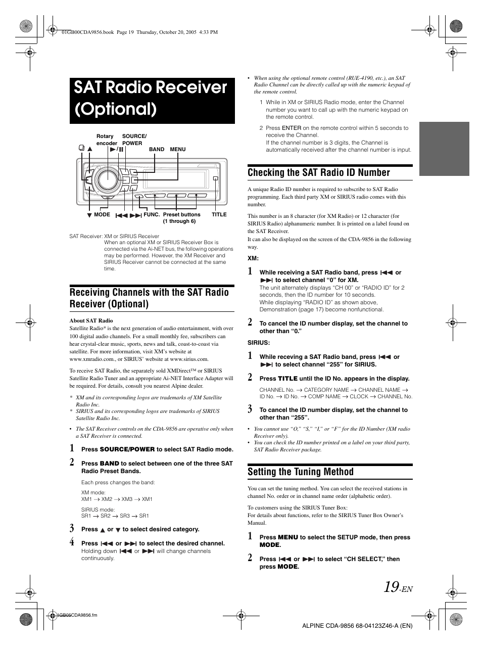 Sat radio receiver (optional), Checking the sat radio id number, Setting the tuning method | Alpine CDA-9856 User Manual | Page 21 / 103
