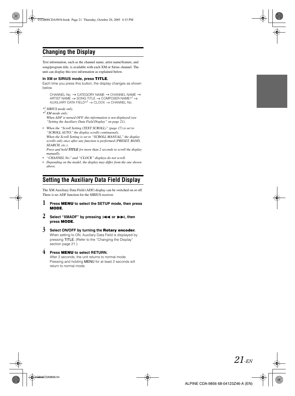 Changing the display, Setting the auxiliary data field display | Alpine CDA-9856 User Manual | Page 23 / 103