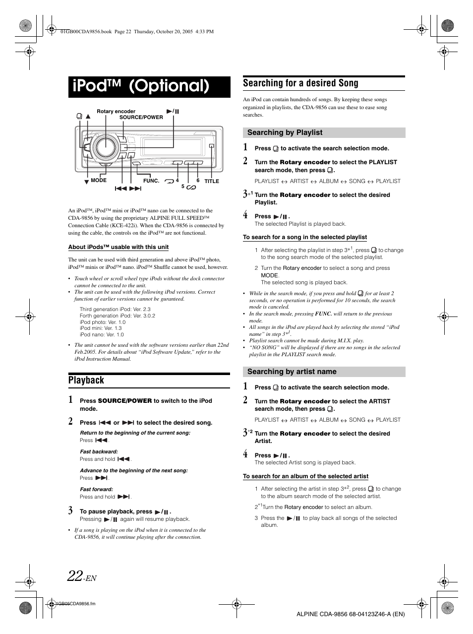 Ipod™ (optional), Playback, Searching for a desired song | Alpine CDA-9856 User Manual | Page 24 / 103