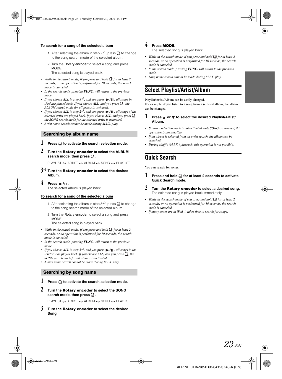 Select playlist/artist/album, Quick search | Alpine CDA-9856 User Manual | Page 25 / 103