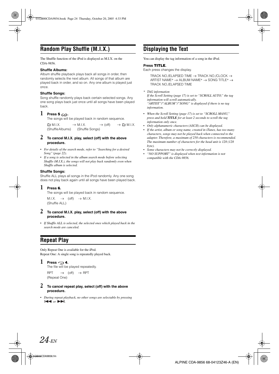 Random play shuffle (m.i.x.), Repeat play, Displaying the text | Alpine CDA-9856 User Manual | Page 26 / 103