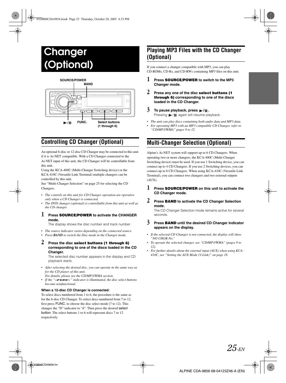 Changer (optional), Controlling cd changer (optional), Playing mp3 files with the cd changer (optional) | Multi-changer selection (optional) | Alpine CDA-9856 User Manual | Page 27 / 103
