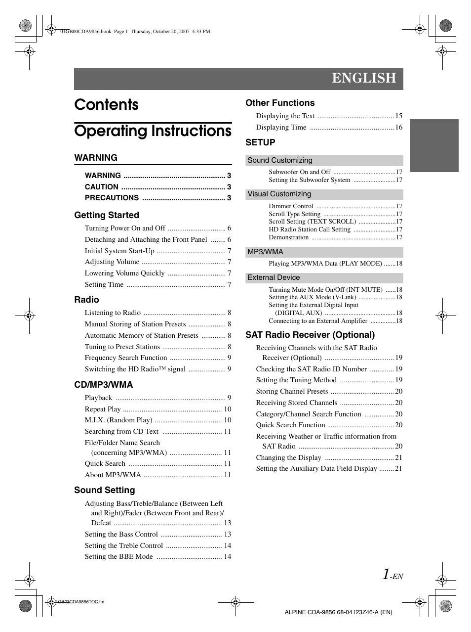 Contents operating instructions, English | Alpine CDA-9856 User Manual | Page 3 / 103