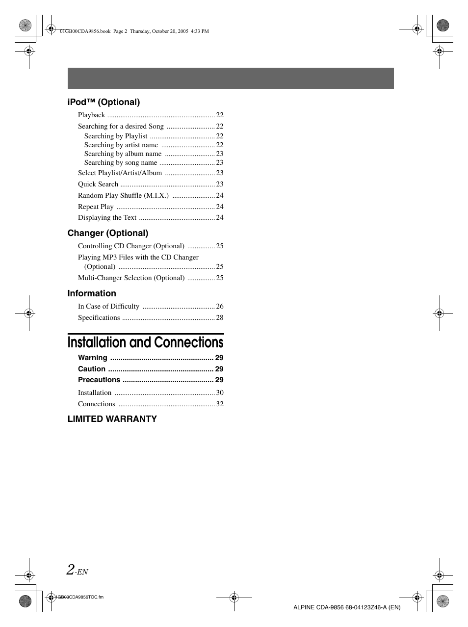 Installation and connections | Alpine CDA-9856 User Manual | Page 4 / 103