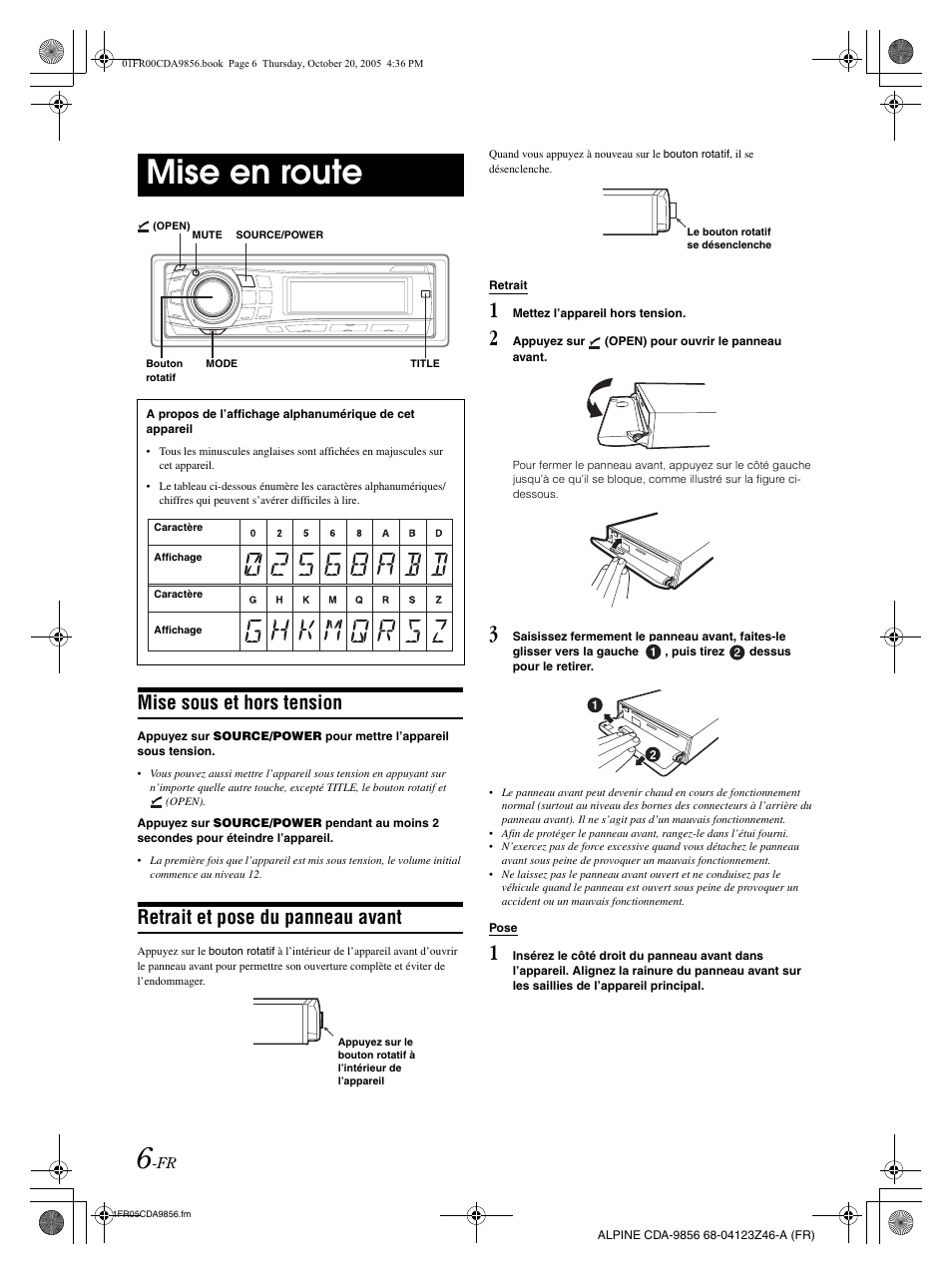 Mise en route, Mise sous et hors tension, Retrait et pose du panneau avant | Alpine CDA-9856 User Manual | Page 42 / 103