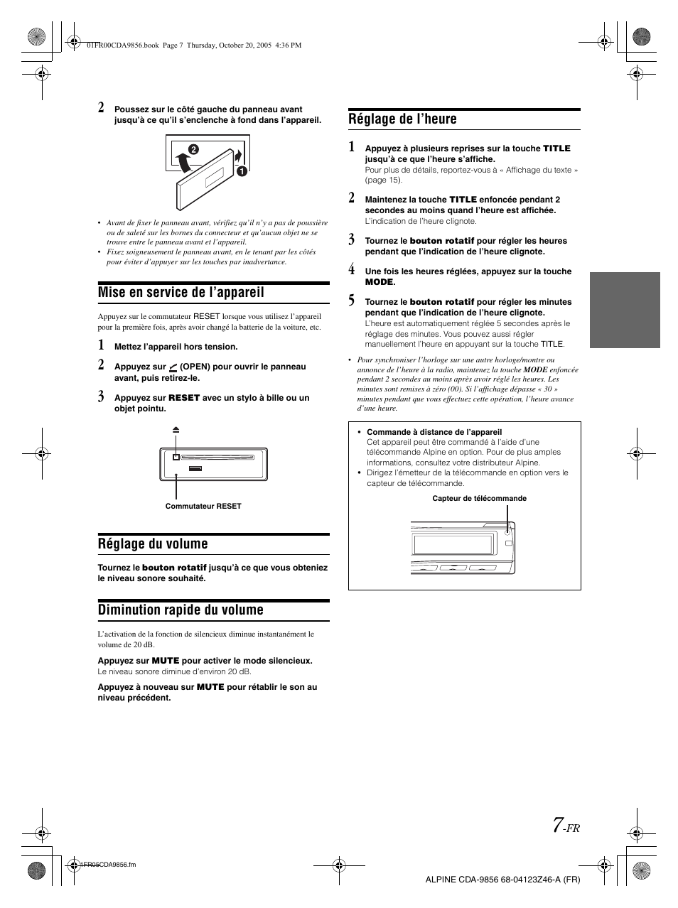 Mise en service de l’appareil, Réglage du volume, Diminution rapide du volume | Réglage de l’heure | Alpine CDA-9856 User Manual | Page 43 / 103