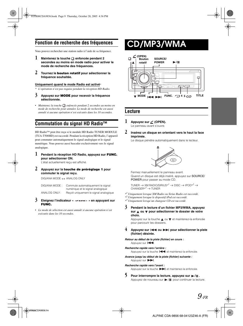 Cd/mp3/wma, Fonction de recherche des fréquences, Commutation du signal hd radio | Lecture | Alpine CDA-9856 User Manual | Page 45 / 103