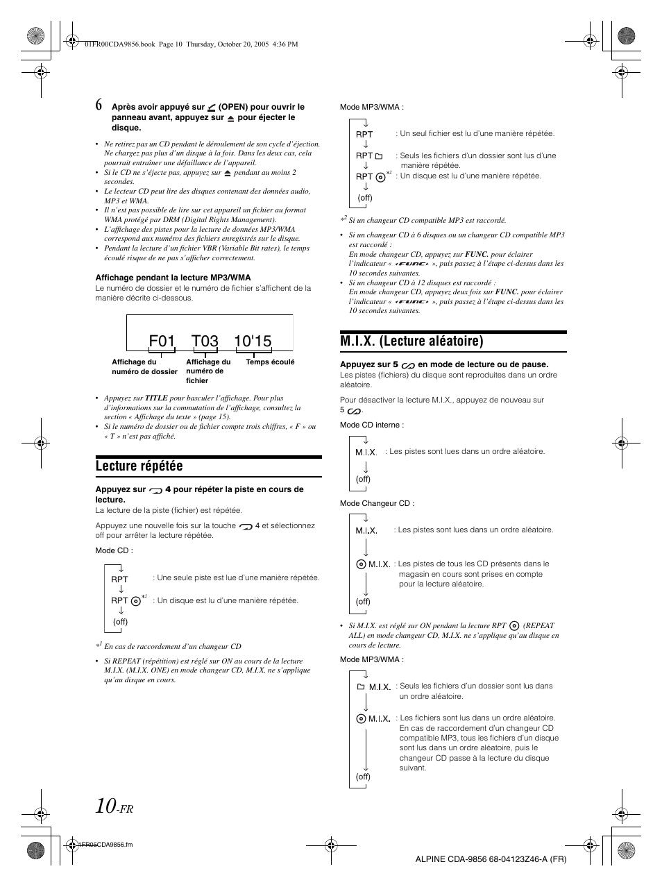 Lecture répétée, M.i.x. (lecture aléatoire) | Alpine CDA-9856 User Manual | Page 46 / 103
