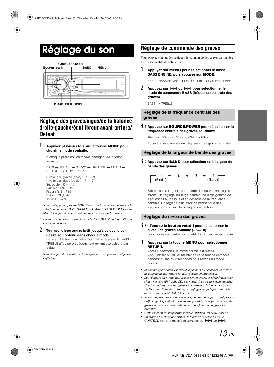 Réglage du son, Réglage de commande des graves | Alpine CDA-9856 User Manual | Page 49 / 103