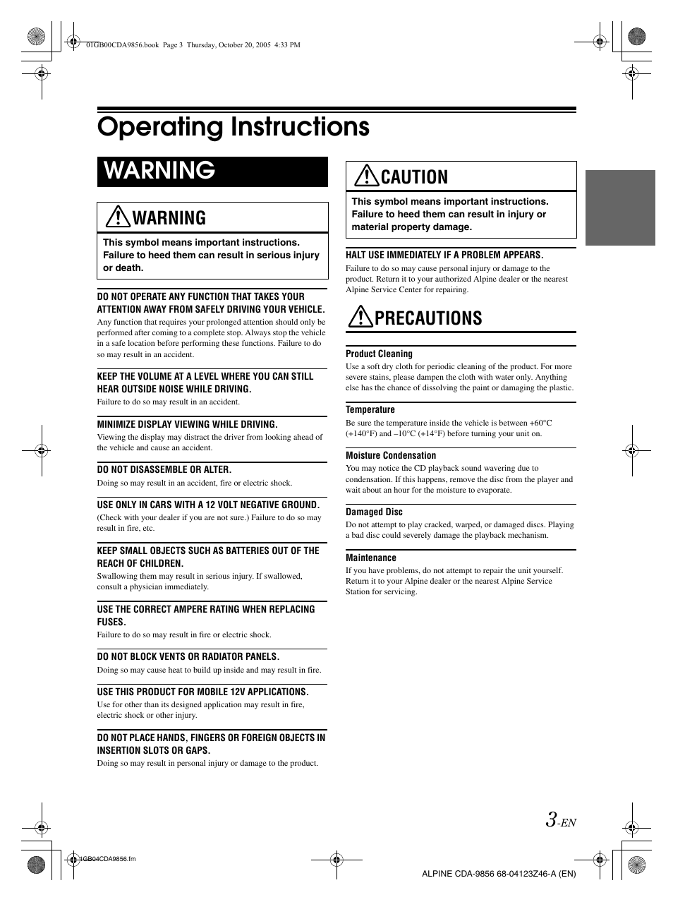 Operating instructions, Warning, Precautions | Caution | Alpine CDA-9856 User Manual | Page 5 / 103