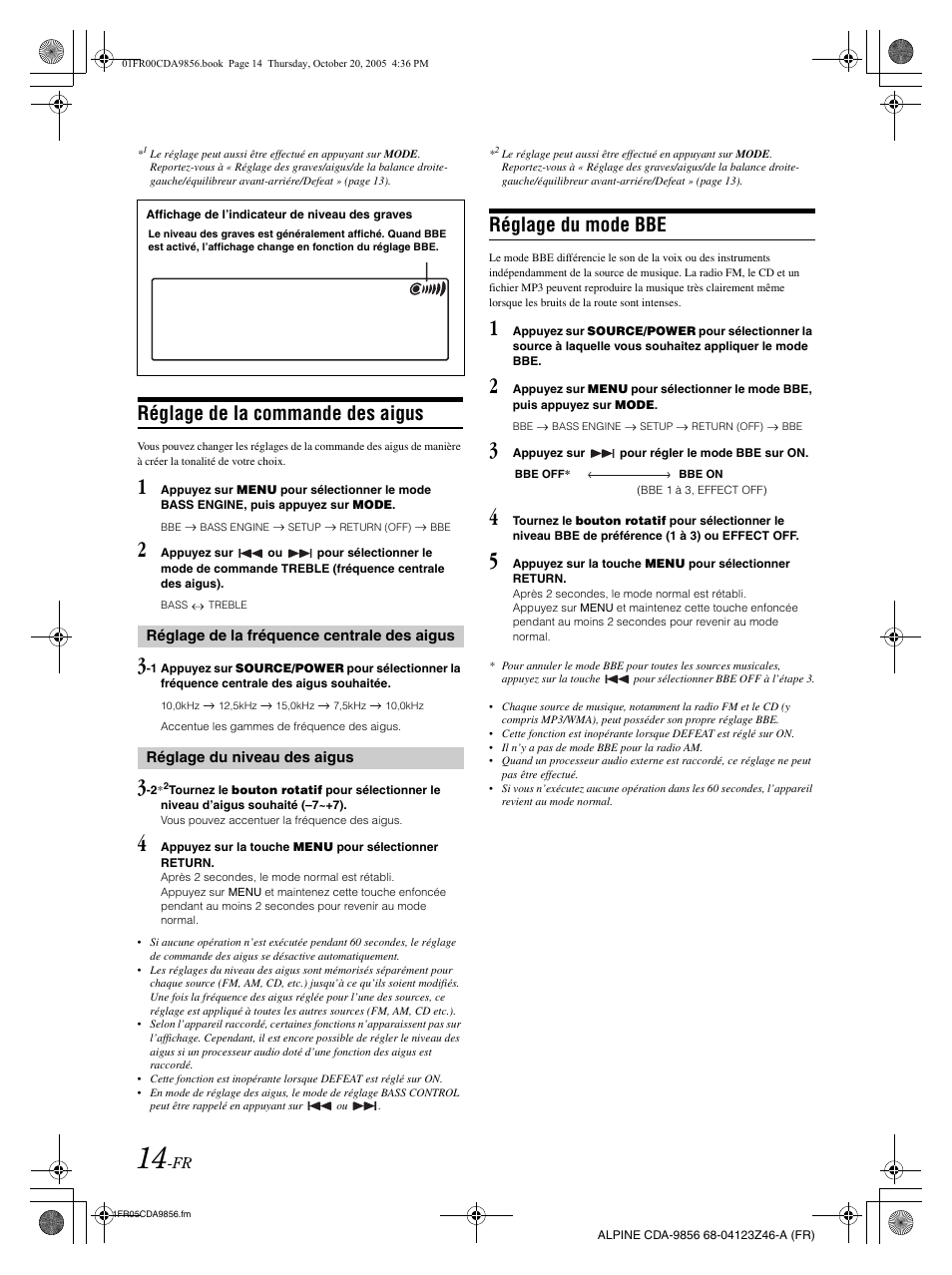Réglage de la commande des aigus, Réglage du mode bbe | Alpine CDA-9856 User Manual | Page 50 / 103