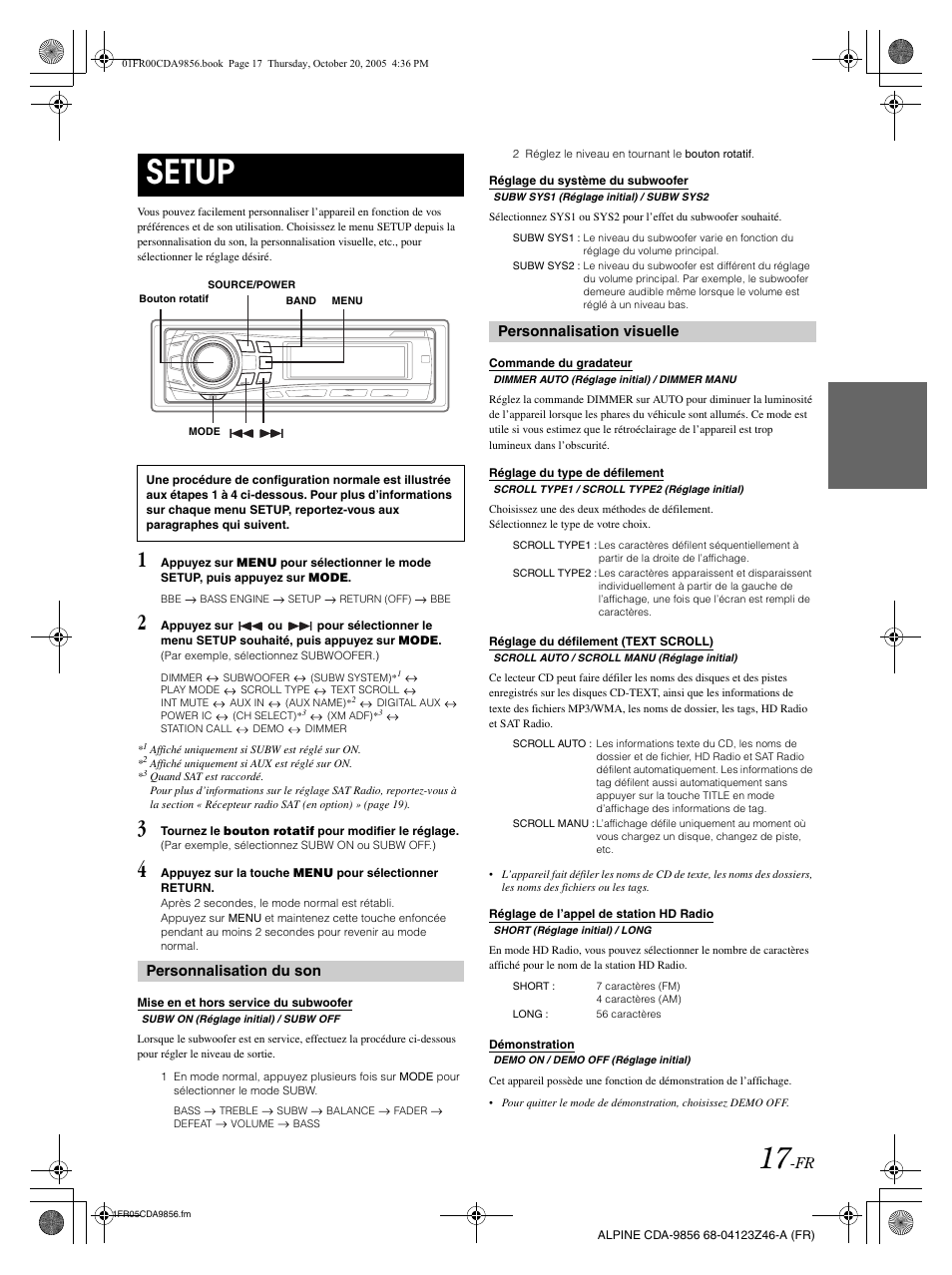 Setup, Personnalisation du son, Personnalisation visuelle | Alpine CDA-9856 User Manual | Page 53 / 103