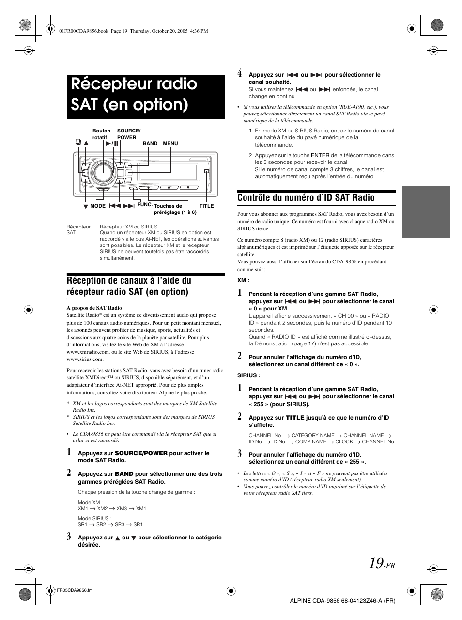 Récepteur radio sat (en option), Contrôle du numéro d’id sat radio | Alpine CDA-9856 User Manual | Page 55 / 103