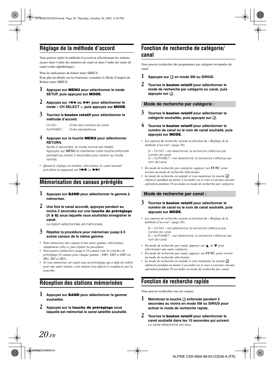 Réglage de la méthode d’accord, Mémorisation des canaux préréglés, Réception des stations mémorisées | Fonction de recherche de catégorie/ canal, Fonction de recherche rapide | Alpine CDA-9856 User Manual | Page 56 / 103