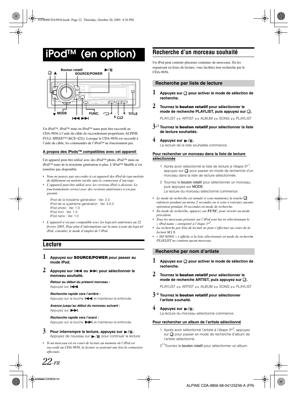 Ipod™ (en option), Lecture, Recherche d’un morceau souhaité | Alpine CDA-9856 User Manual | Page 58 / 103