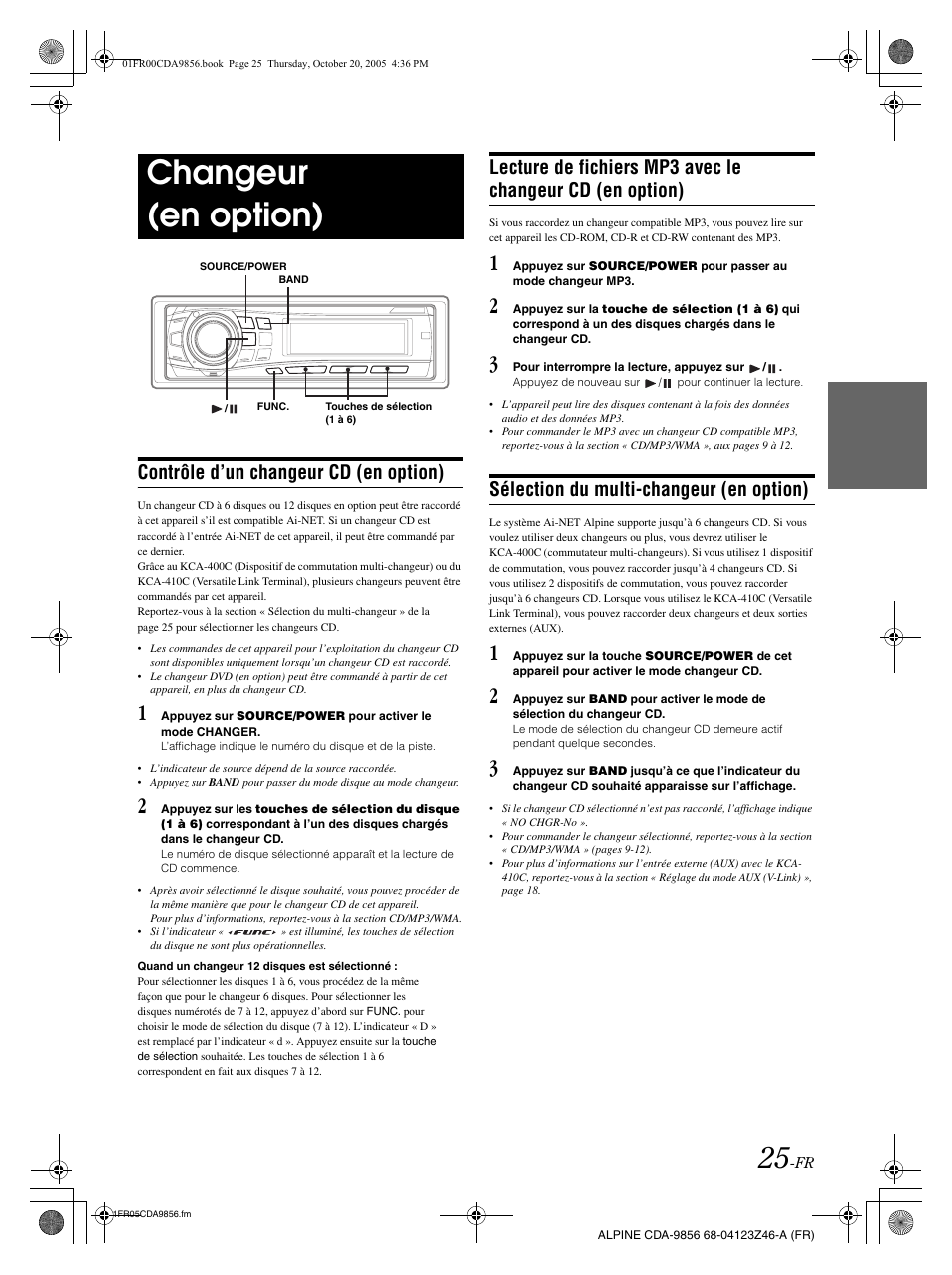 Changeur (en option), Contrôle d’un changeur cd (en option), Sélection du multi-changeur (en option) | Alpine CDA-9856 User Manual | Page 61 / 103