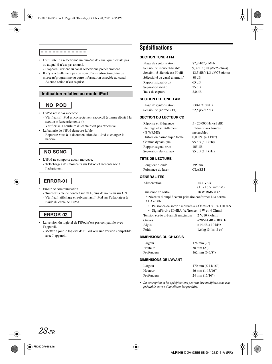 Spécifications | Alpine CDA-9856 User Manual | Page 64 / 103