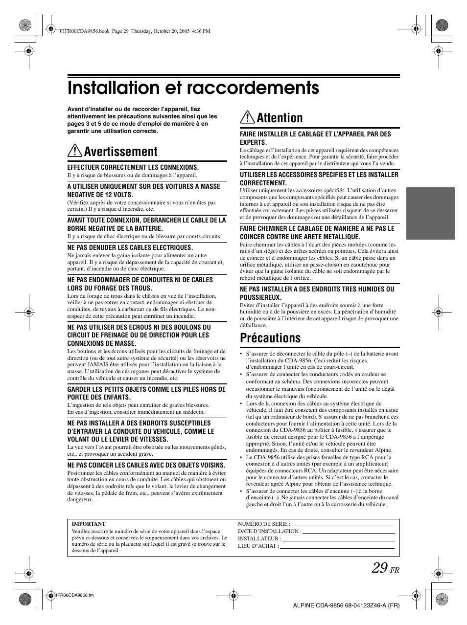 Installation et raccordements, Avertissement, Attention | Précautions | Alpine CDA-9856 User Manual | Page 65 / 103