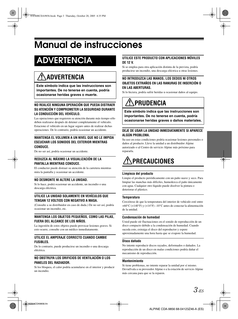 Manual de instrucciones, Advertencia, Precauciones | Prudencia | Alpine CDA-9856 User Manual | Page 73 / 103