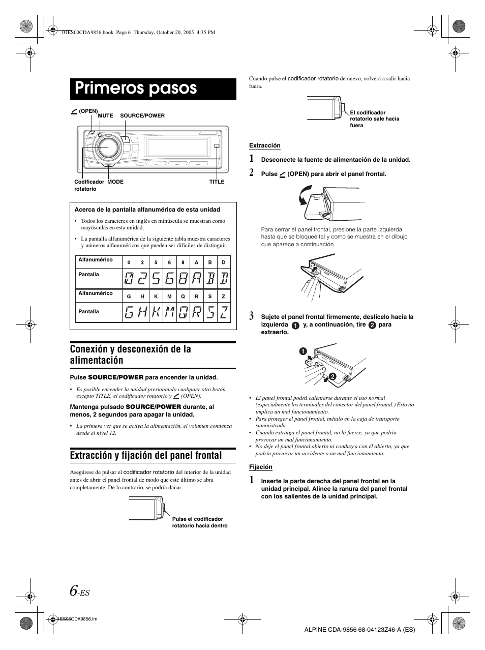 Primeros pasos, Conexión y desconexión de la alimentación, Extracción y fijación del panel frontal | Alpine CDA-9856 User Manual | Page 76 / 103