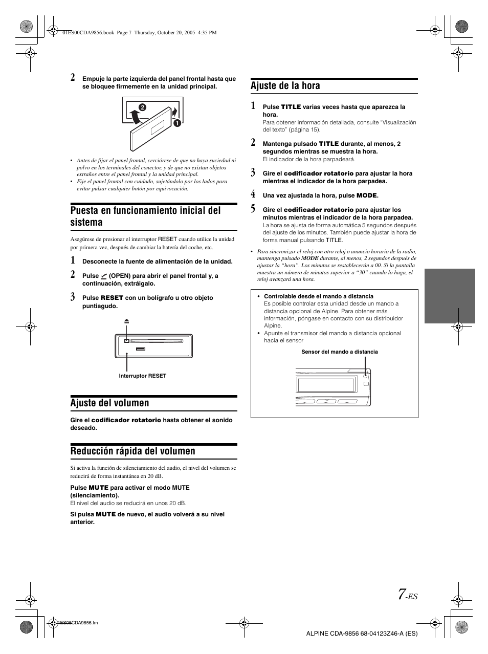 Puesta en funcionamiento inicial del sistema, Ajuste del volumen, Reducción rápida del volumen | Ajuste de la hora | Alpine CDA-9856 User Manual | Page 77 / 103