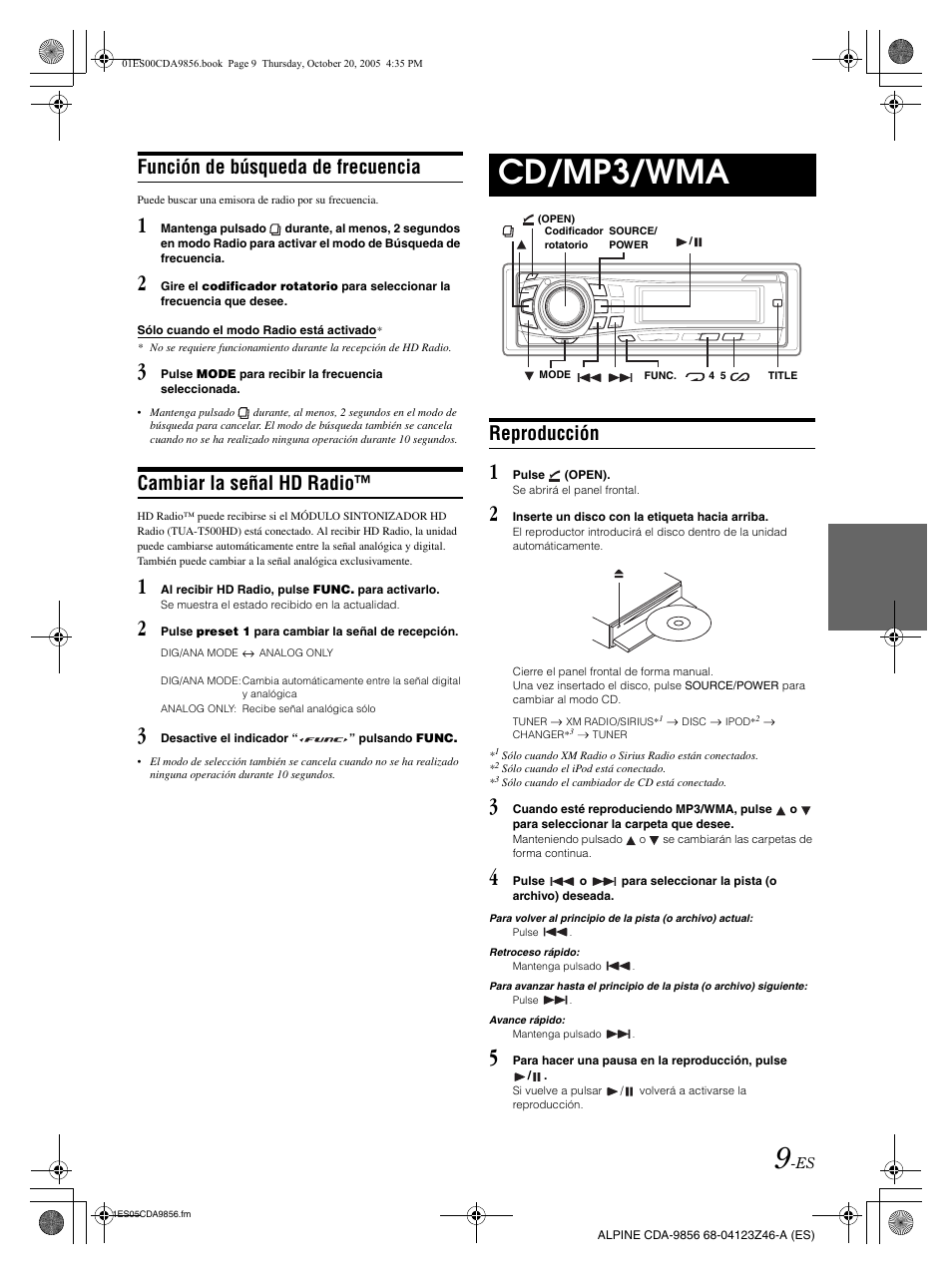 Cd/mp3/wma, Función de búsqueda de frecuencia, Cambiar la señal hd radio | Reproducción | Alpine CDA-9856 User Manual | Page 79 / 103