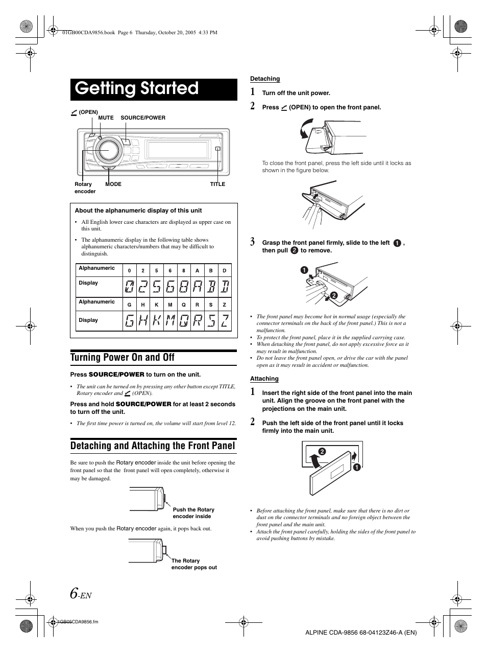 Getting started, Turning power on and off, Detaching and attaching the front panel | Alpine CDA-9856 User Manual | Page 8 / 103