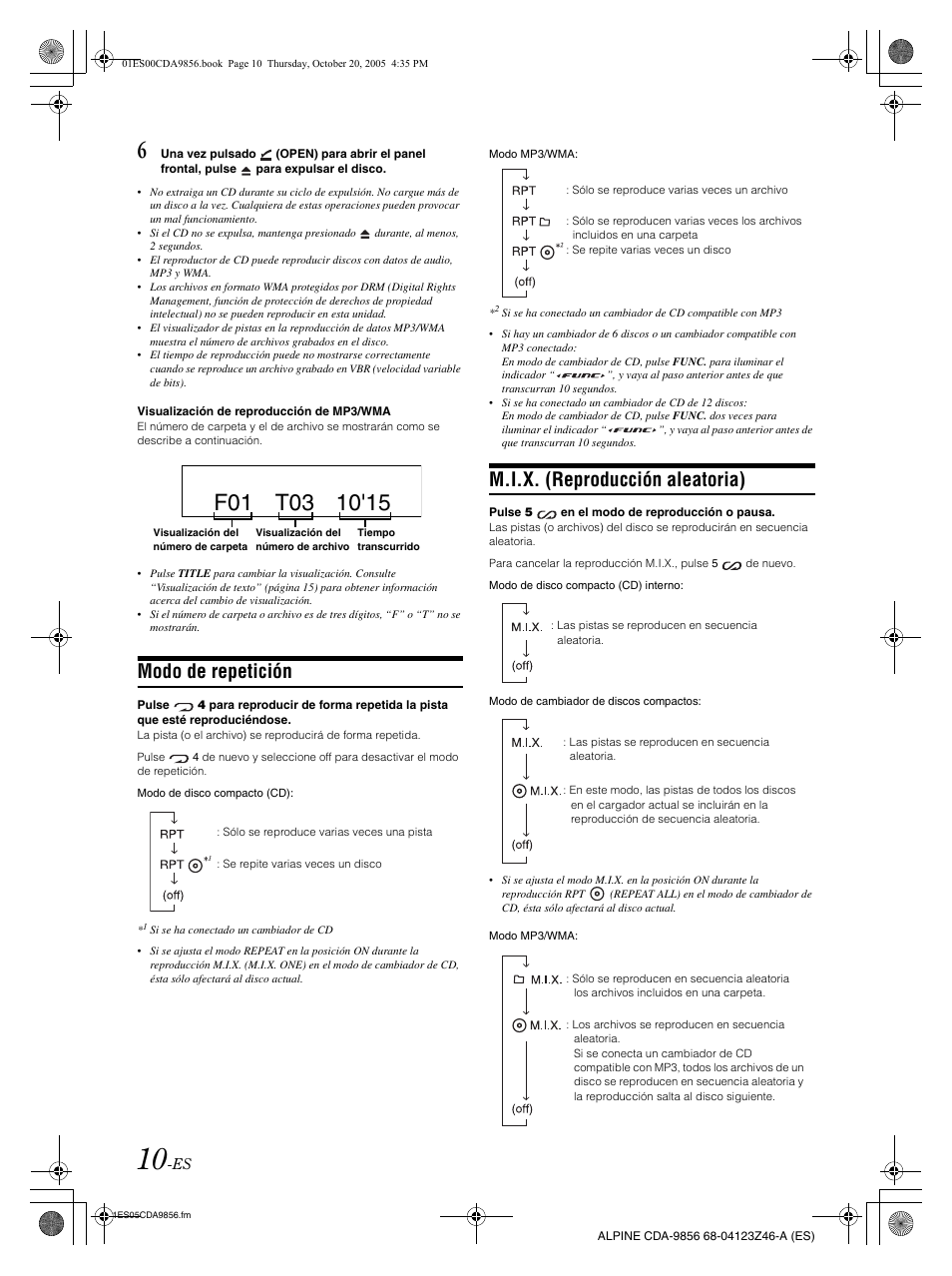 Modo de repetición, M.i.x. (reproducción aleatoria) | Alpine CDA-9856 User Manual | Page 80 / 103