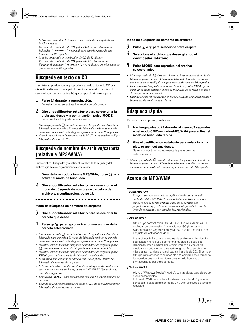 Búsqueda en texto de cd, Búsqueda rápida, Acerca de mp3/wma | Alpine CDA-9856 User Manual | Page 81 / 103