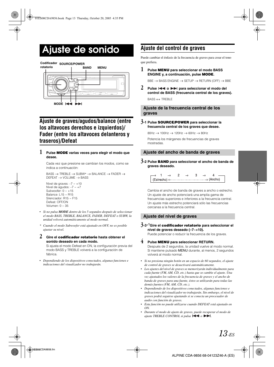 Ajuste de sonido, Ajuste del control de graves | Alpine CDA-9856 User Manual | Page 83 / 103