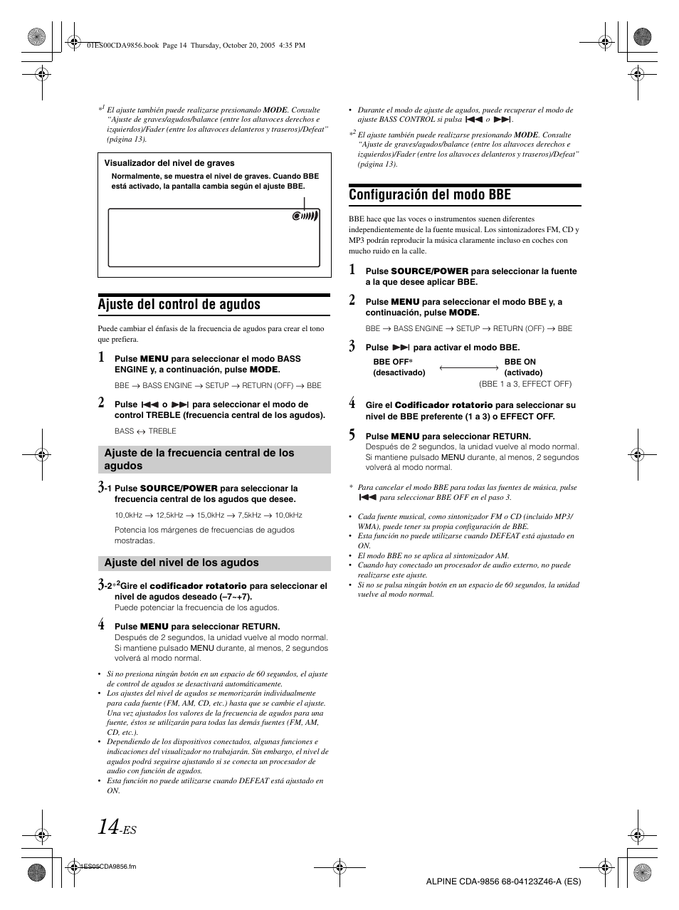 Ajuste del control de agudos, Configuración del modo bbe | Alpine CDA-9856 User Manual | Page 84 / 103
