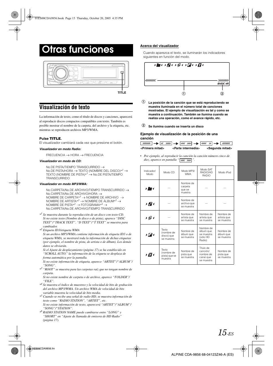 Otras funciones, Visualización de texto | Alpine CDA-9856 User Manual | Page 85 / 103