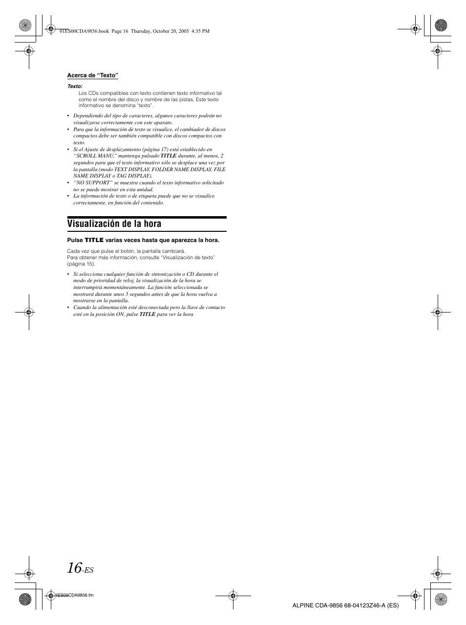 Visualización de la hora | Alpine CDA-9856 User Manual | Page 86 / 103