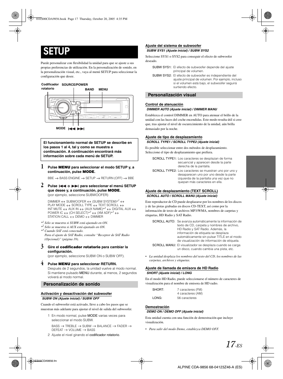 Setup, Personalización de sonido, Personalización visual | Alpine CDA-9856 User Manual | Page 87 / 103