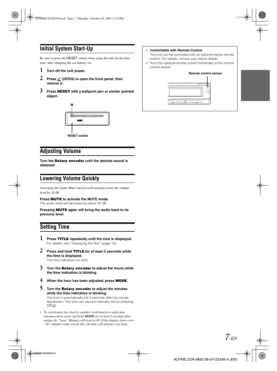 Initial system start-up, Adjusting volume, Lowering volume quickly | Setting time | Alpine CDA-9856 User Manual | Page 9 / 103