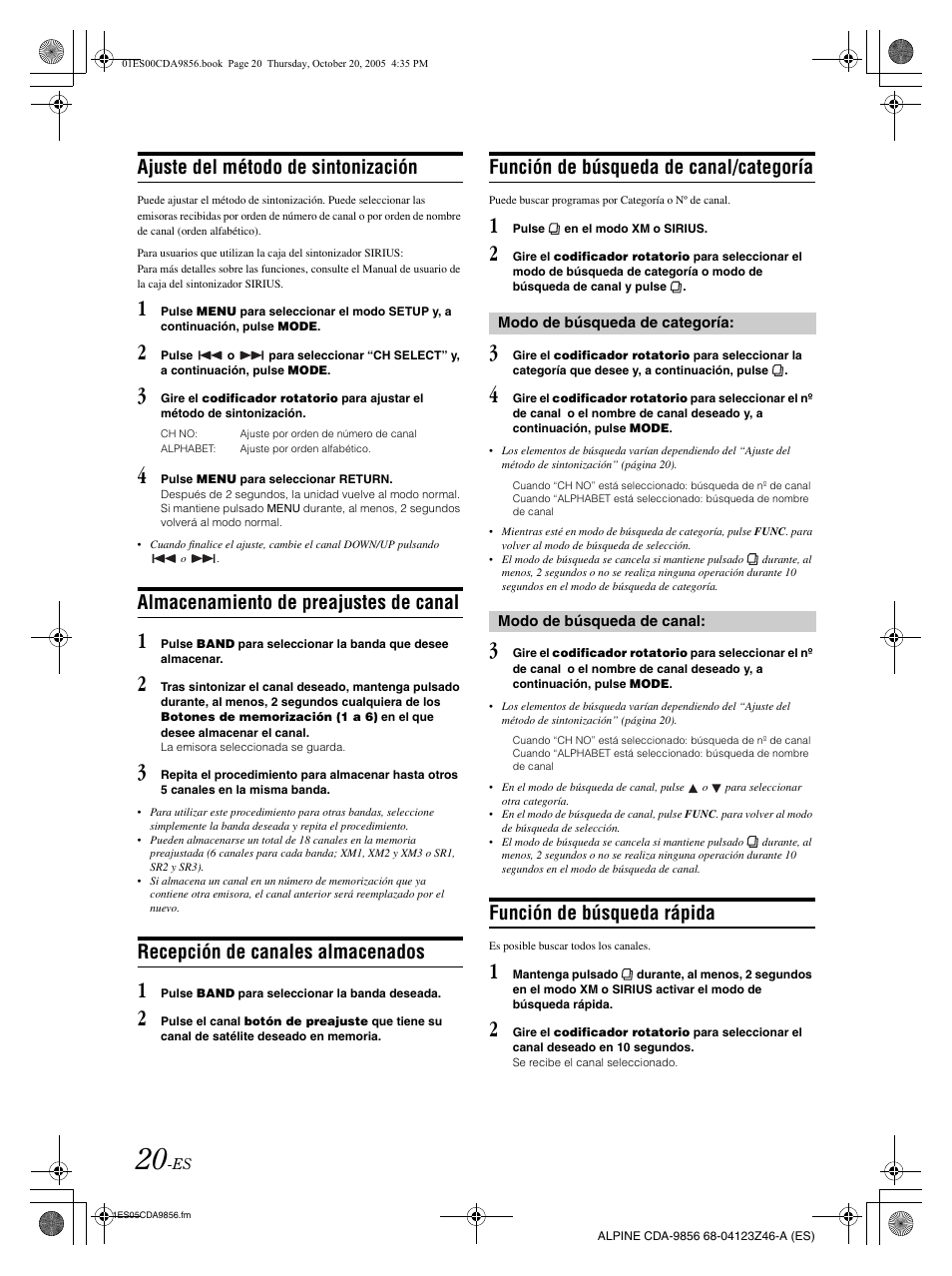 Ajuste del método de sintonización, Almacenamiento de preajustes de canal, Recepción de canales almacenados | Función de búsqueda de canal/categoría, Función de búsqueda rápida | Alpine CDA-9856 User Manual | Page 90 / 103