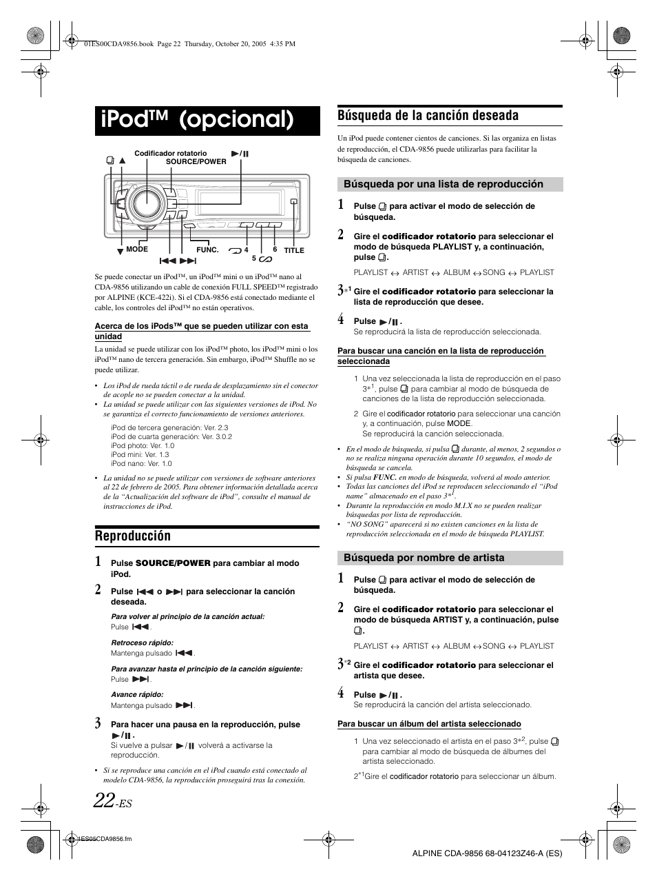 Ipod™ (opcional), Reproducción, Búsqueda de la canción deseada | Alpine CDA-9856 User Manual | Page 92 / 103
