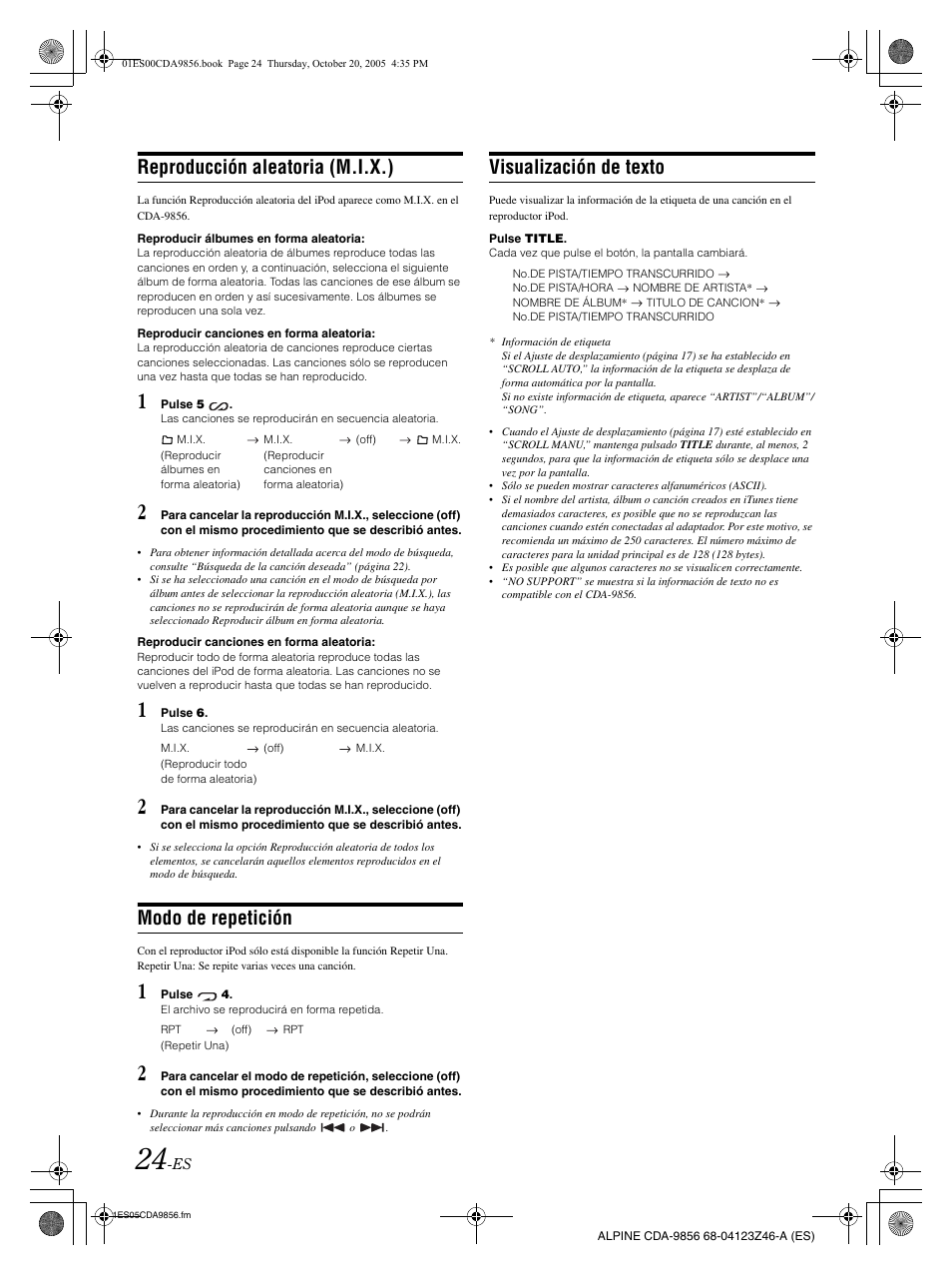 Reproducción aleatoria (m.i.x.), Modo de repetición, Visualización de texto | Alpine CDA-9856 User Manual | Page 94 / 103