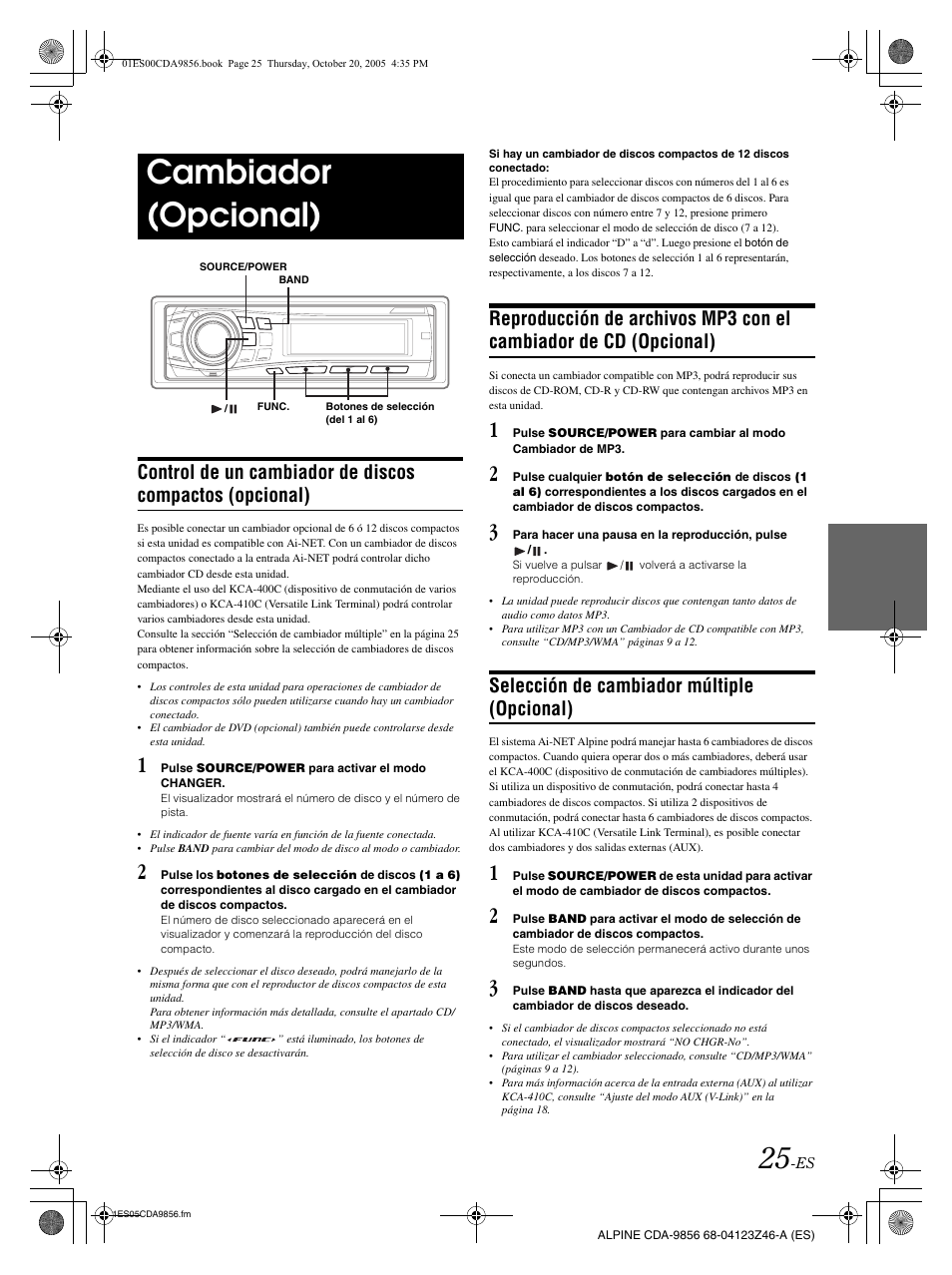 Cambiador (opcional), Selección de cambiador múltiple (opcional) | Alpine CDA-9856 User Manual | Page 95 / 103