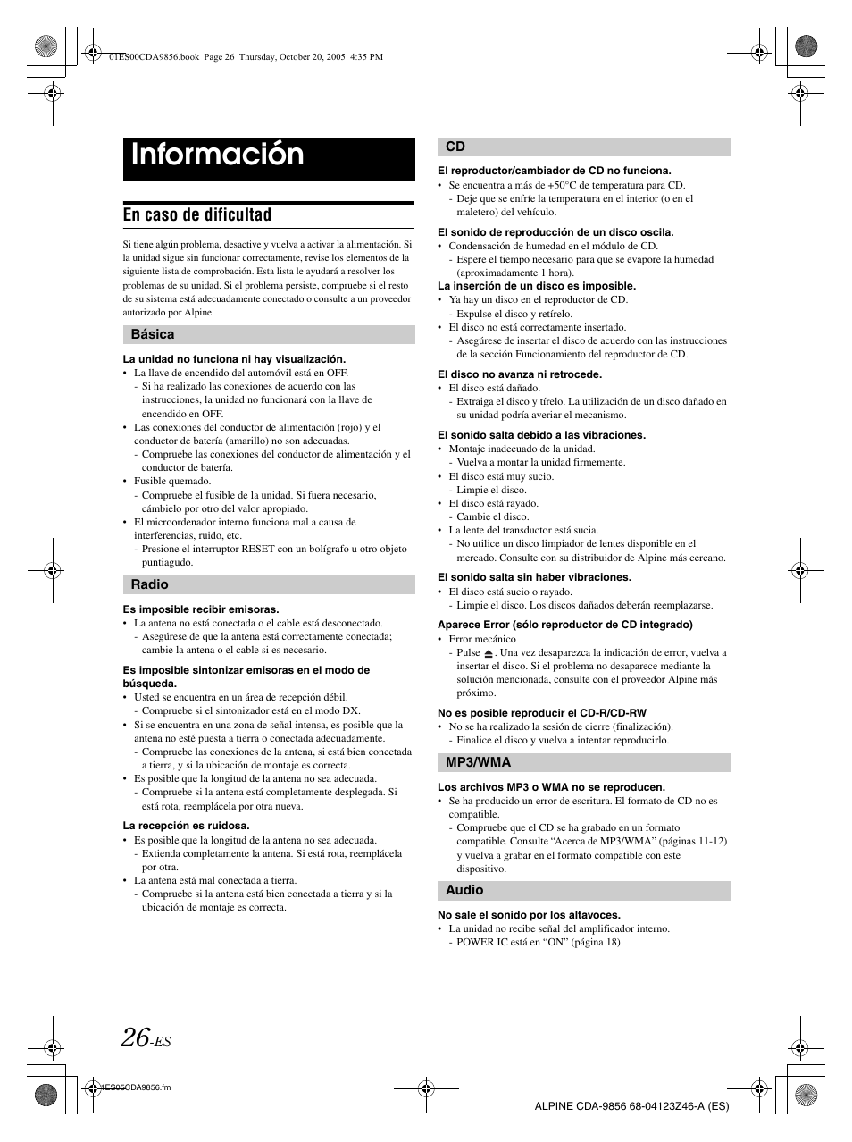 Información, En caso de dificultad | Alpine CDA-9856 User Manual | Page 96 / 103