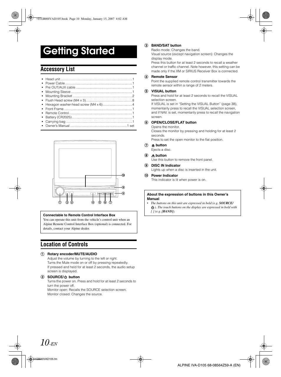Getting started, Accessory list, Location of controls | Alpine IVA-D105 User Manual | Page 12 / 83