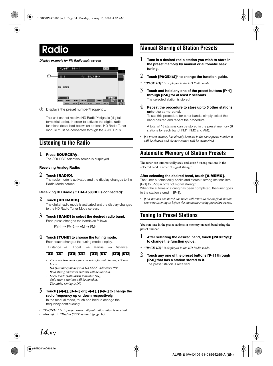 Radio, Listening to the radio, Manual storing of station presets | Tuning to preset stations | Alpine IVA-D105 User Manual | Page 16 / 83