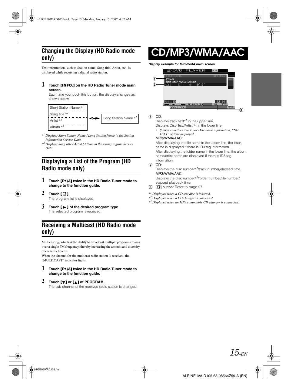 Cd/mp3/wma/aac, Changing the display (hd radio mode only), Receiving a multicast (hd radio mode only) | Alpine IVA-D105 User Manual | Page 17 / 83