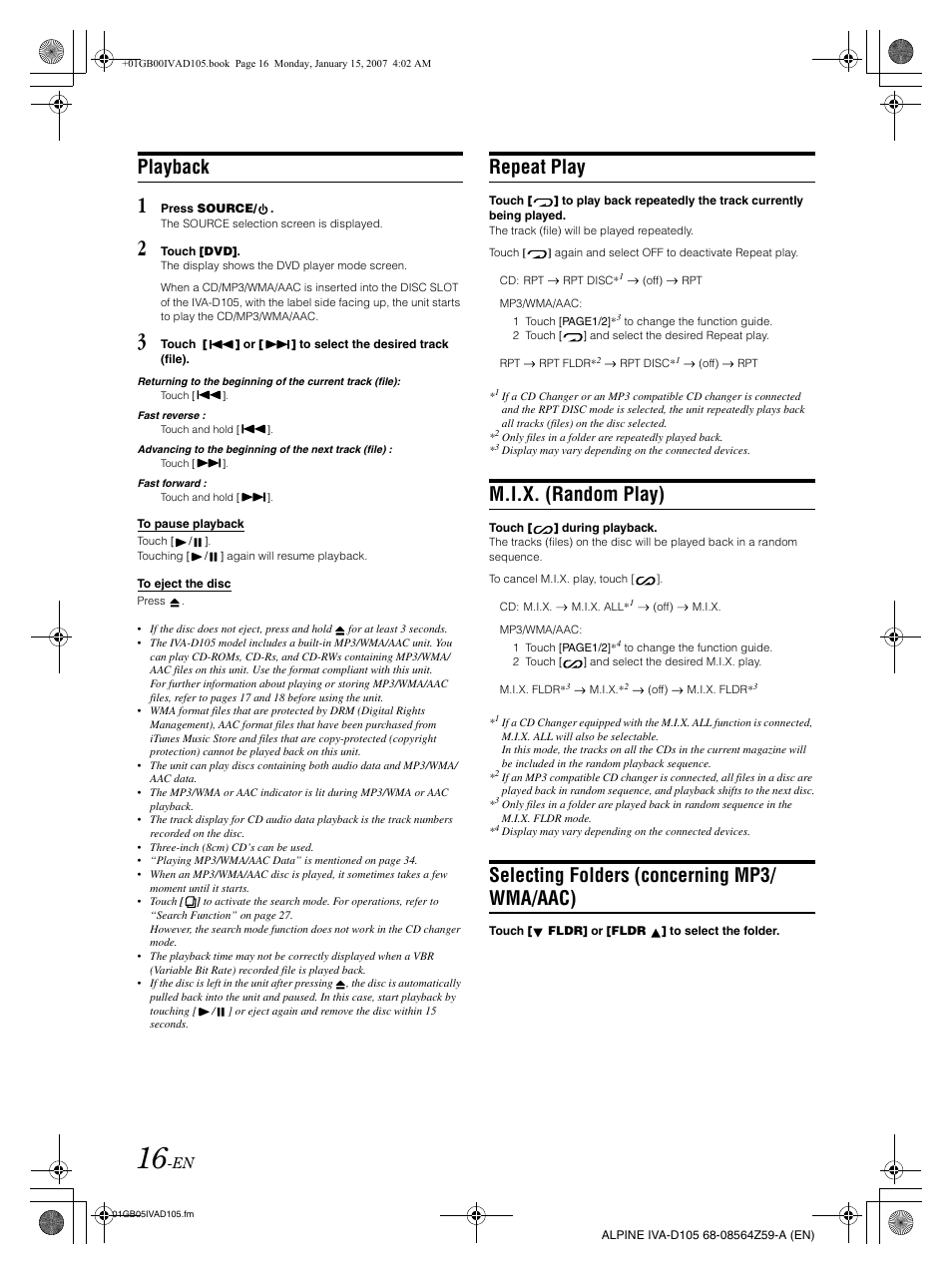 Playback, Repeat play, M.i.x. (random play) | Selecting folders (concerning mp3/ wma/aac) | Alpine IVA-D105 User Manual | Page 18 / 83